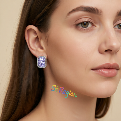 Purple Radiant Crystal & Cubic Zirconia Silvertone Halo Stud Earrings