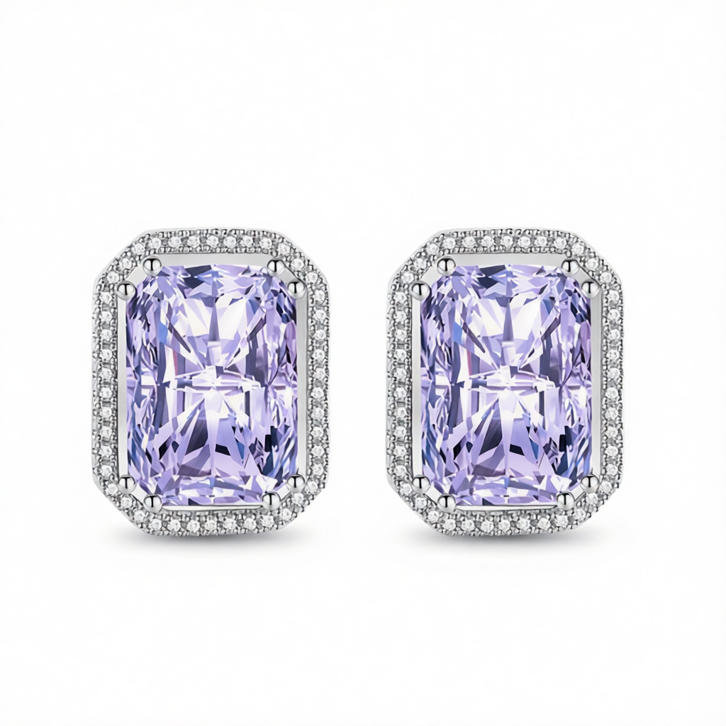 Purple Radiant Crystal & Cubic Zirconia Silvertone Halo Stud Earrings
