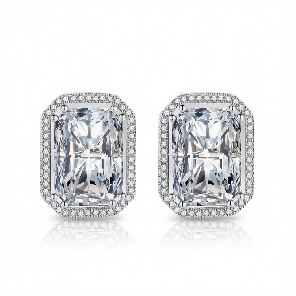 Clear Radiant Crystal & Cubic Zirconia Silvertone Halo Stud Earrings