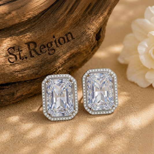 Clear Radiant Crystal & Cubic Zirconia Silvertone Halo Stud Earrings