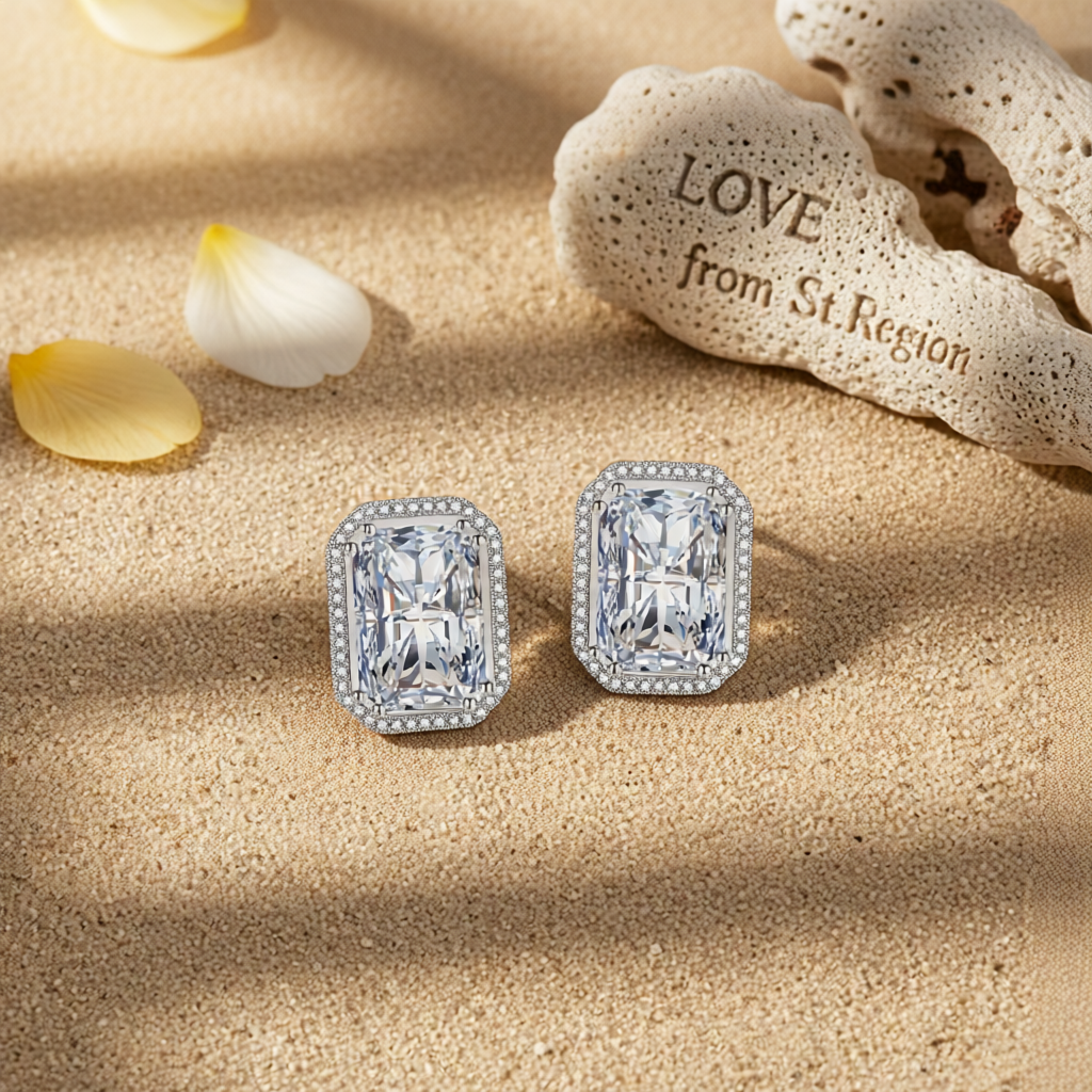 Clear Radiant Crystal & Cubic Zirconia Silvertone Halo Stud Earrings
