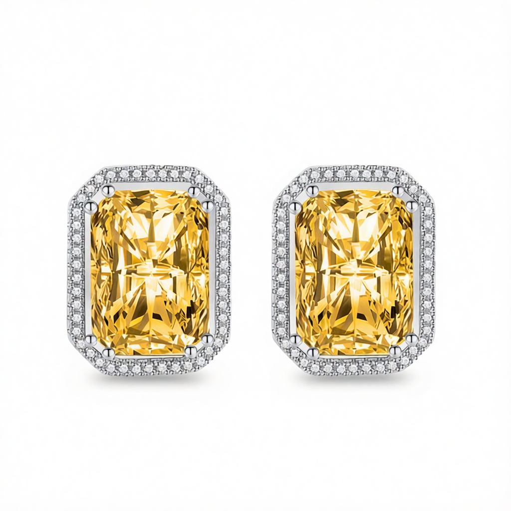 Yellow Radiant Crystal & Cubic Zirconia Silvertone Halo Stud Earrings