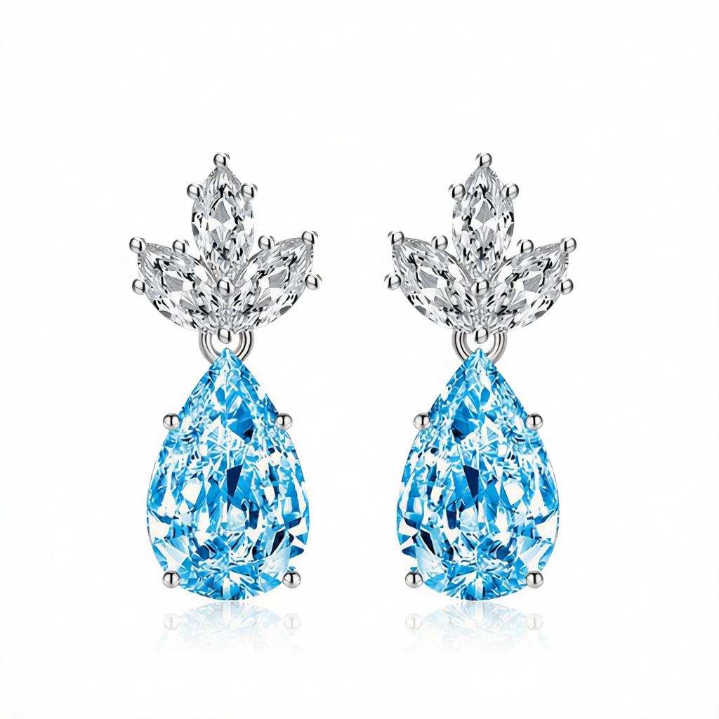 Blue Crystal and Silvertone Pineapple Drop Earrings, silver drop earrings for women, everyday style, side view