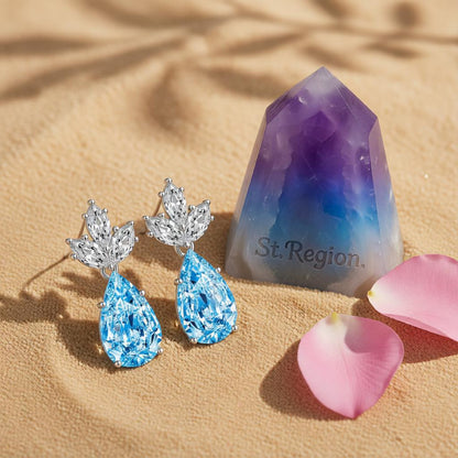 Blue Crystal and Silvertone Pineapple Drop Earrings, silver drop earrings for women, everyday style, detail close-up