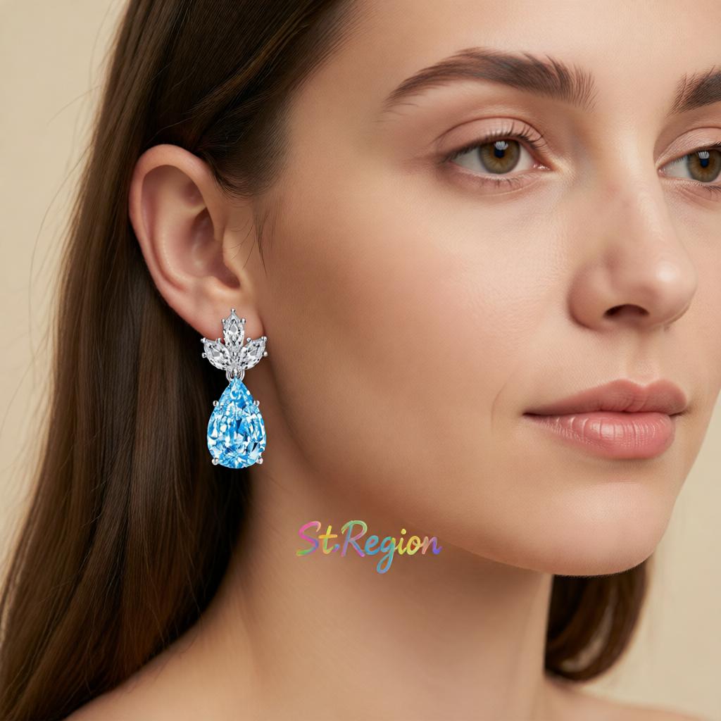 Blue Crystal and Silvertone Pineapple Drop Earrings, silver drop earrings for women, everyday style, styled look