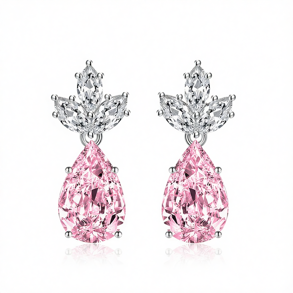 Pink Crystal & Silvertone Pineapple Drop Earrings