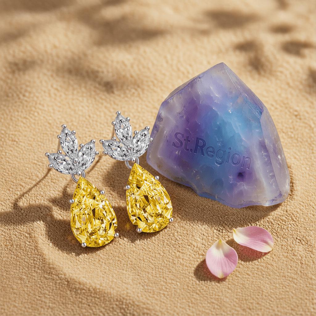 Yellow Crystal and Silvertone Pineapple Drop Earrings, silver drop earrings for women, botanical inspired, detail close-up