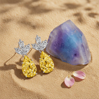 Yellow Crystal and Silvertone Pineapple Drop Earrings, silver drop earrings for women, botanical inspired, detail close-up