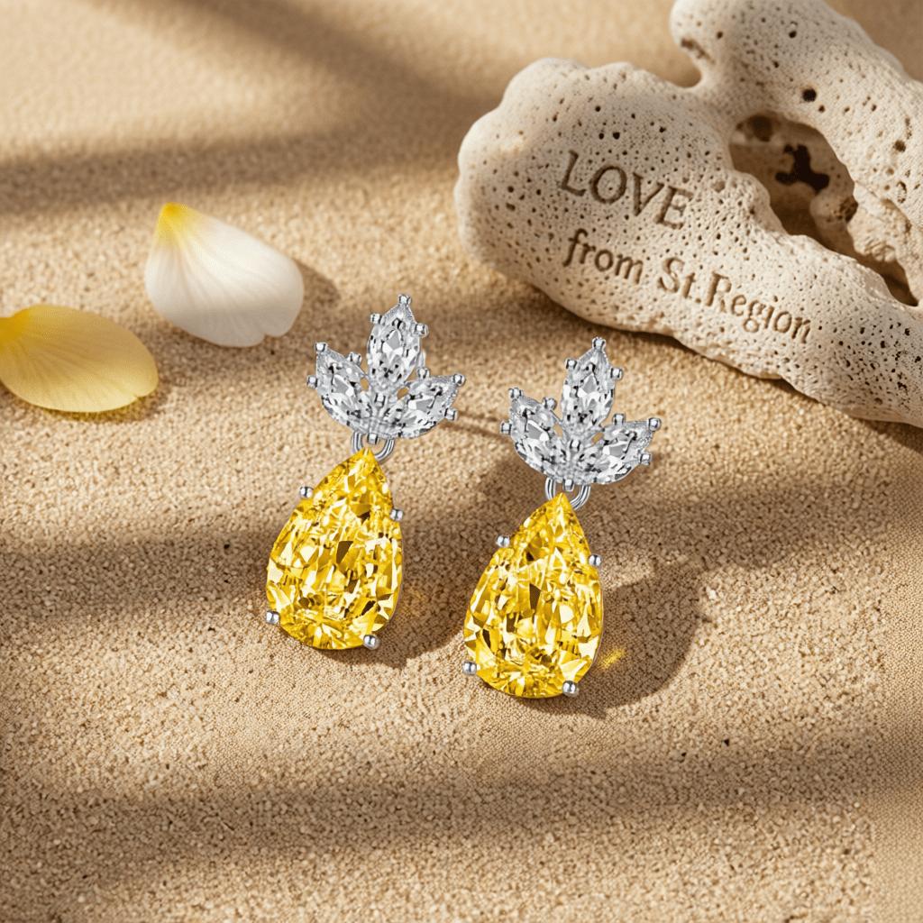 Yellow Crystal and Silvertone Pineapple Drop Earrings, silver drop earrings for women, botanical inspired, lifestyle look