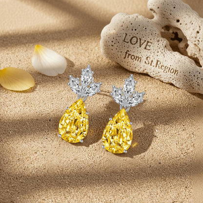 Yellow Crystal and Silvertone Pineapple Drop Earrings, silver drop earrings for women, botanical inspired, lifestyle look