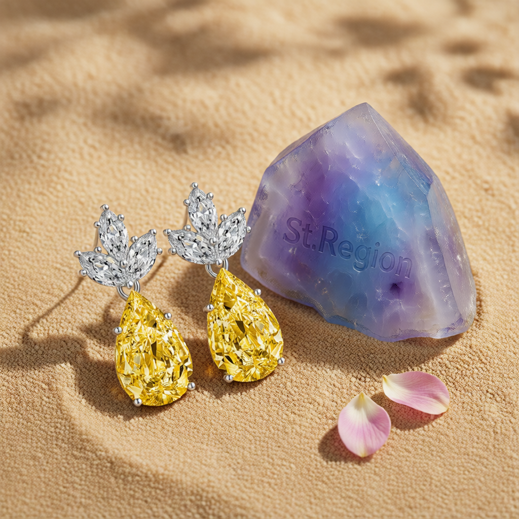 Yellow Crystal & Silvertone Pineapple Drop Earrings