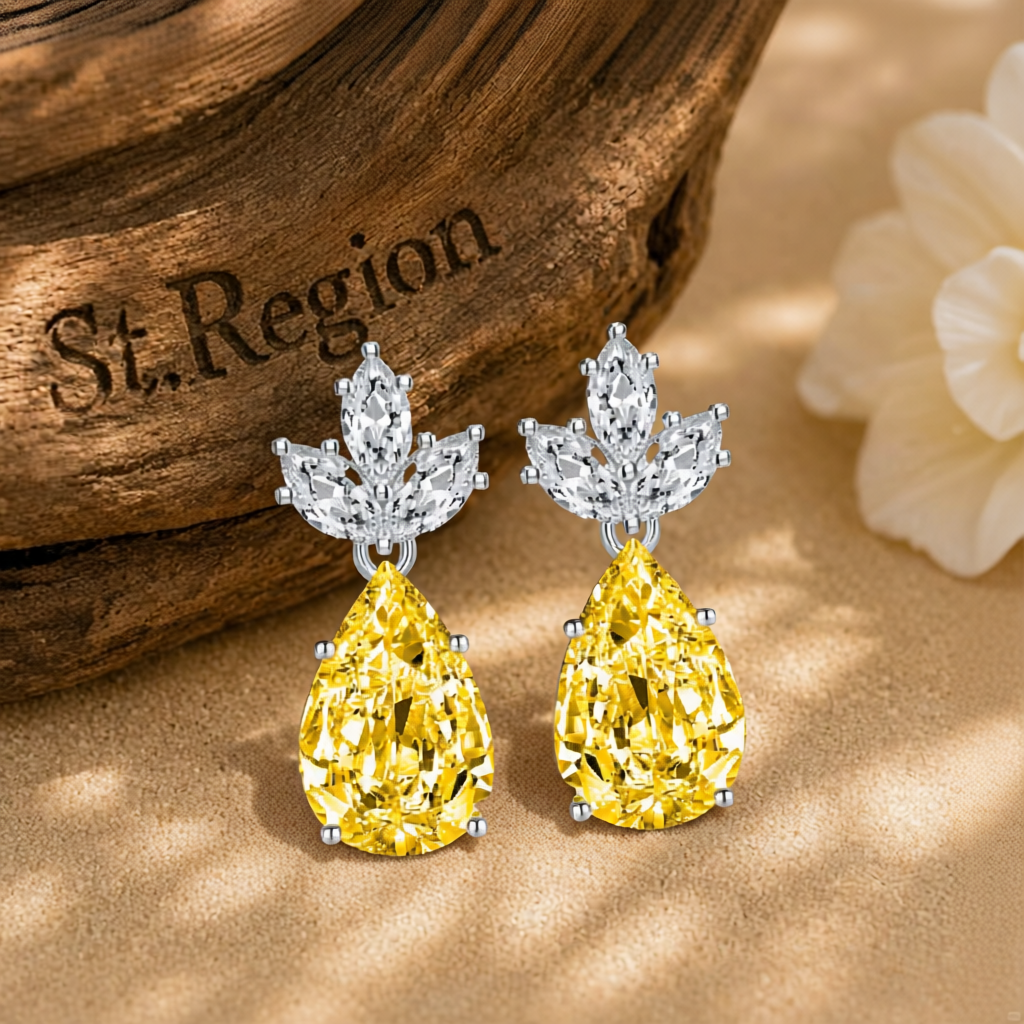 Yellow Crystal & Silvertone Pineapple Drop Earrings
