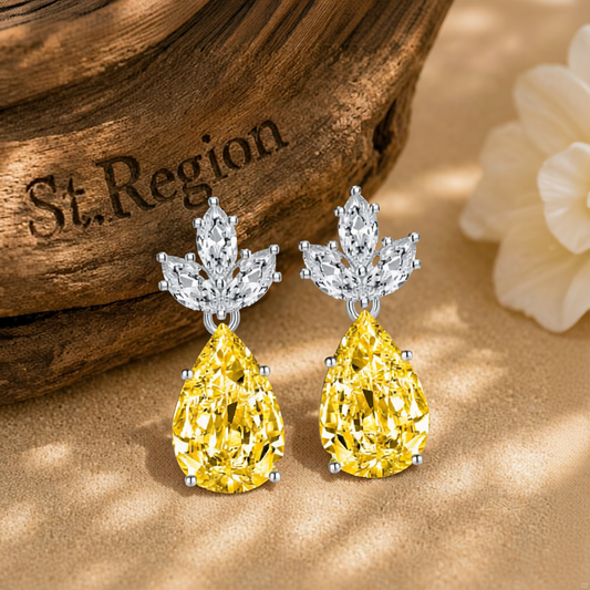 Yellow Crystal & Silvertone Pineapple Drop Earrings