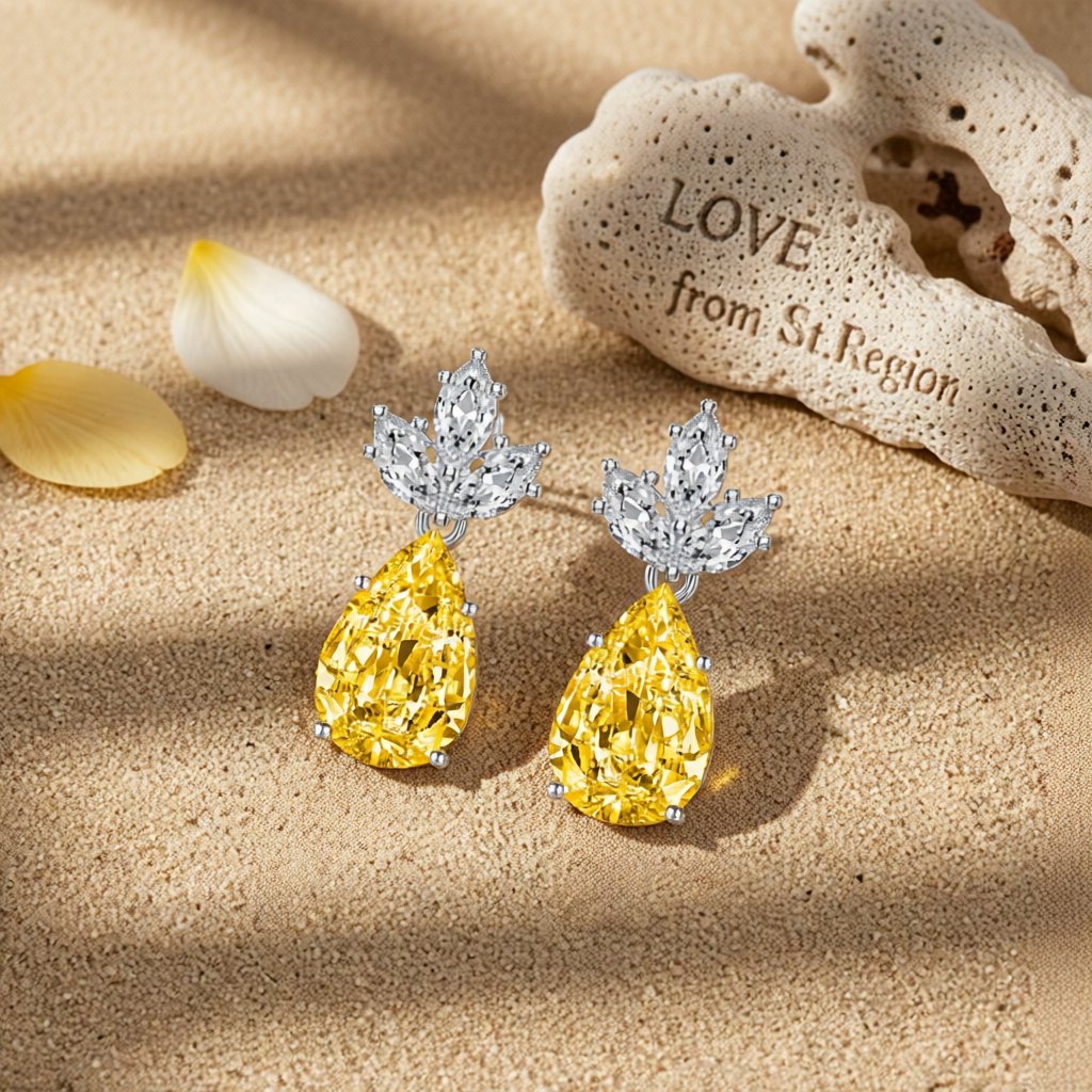 Yellow Crystal & Silvertone Pineapple Drop Earrings