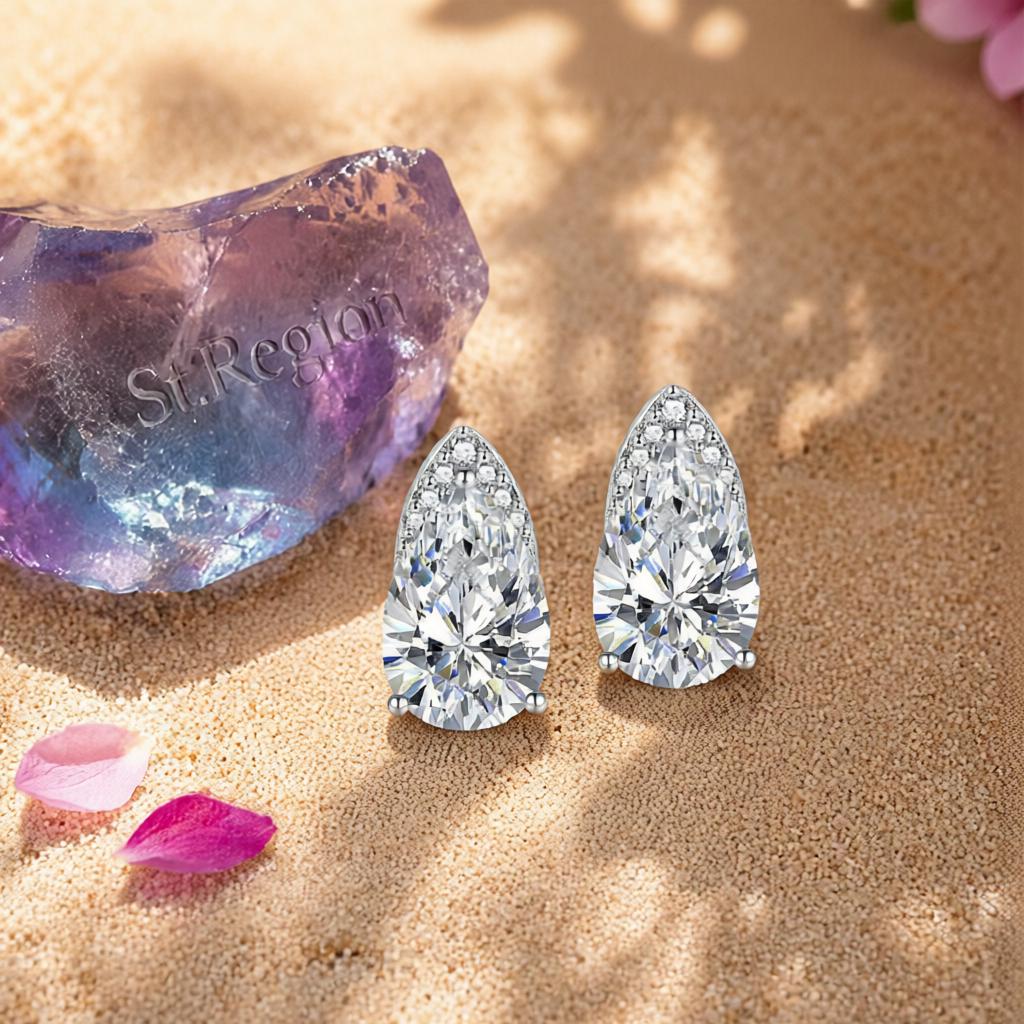 Clear Crystal and Cubic Zirconia Pear-Cut Stud Earrings, cubic zirconia stud earrings for women, detail close-up