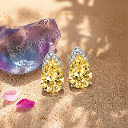 Yellow Crystal and Cubic Zirconia Pear-Cut Stud Earrings, cubic zirconia stud earrings for women, detail close-up