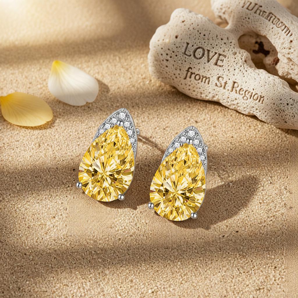 Yellow Crystal and Cubic Zirconia Pear-Cut Stud Earrings, cubic zirconia stud earrings for women, lifestyle look