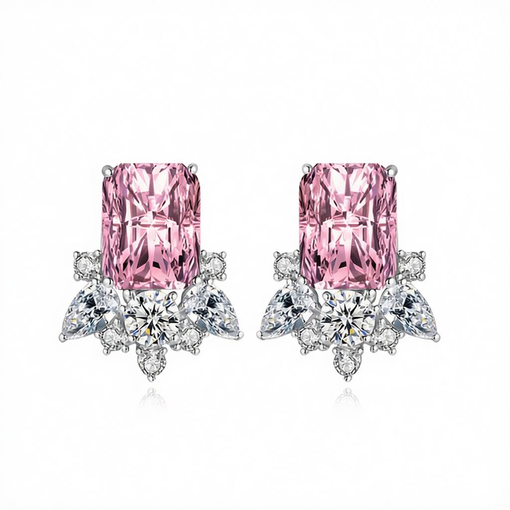 Pink Crystal and Cubic Zirconia Radiant Stud Earrings, cubic zirconia stud earrings for women, everyday style, side view