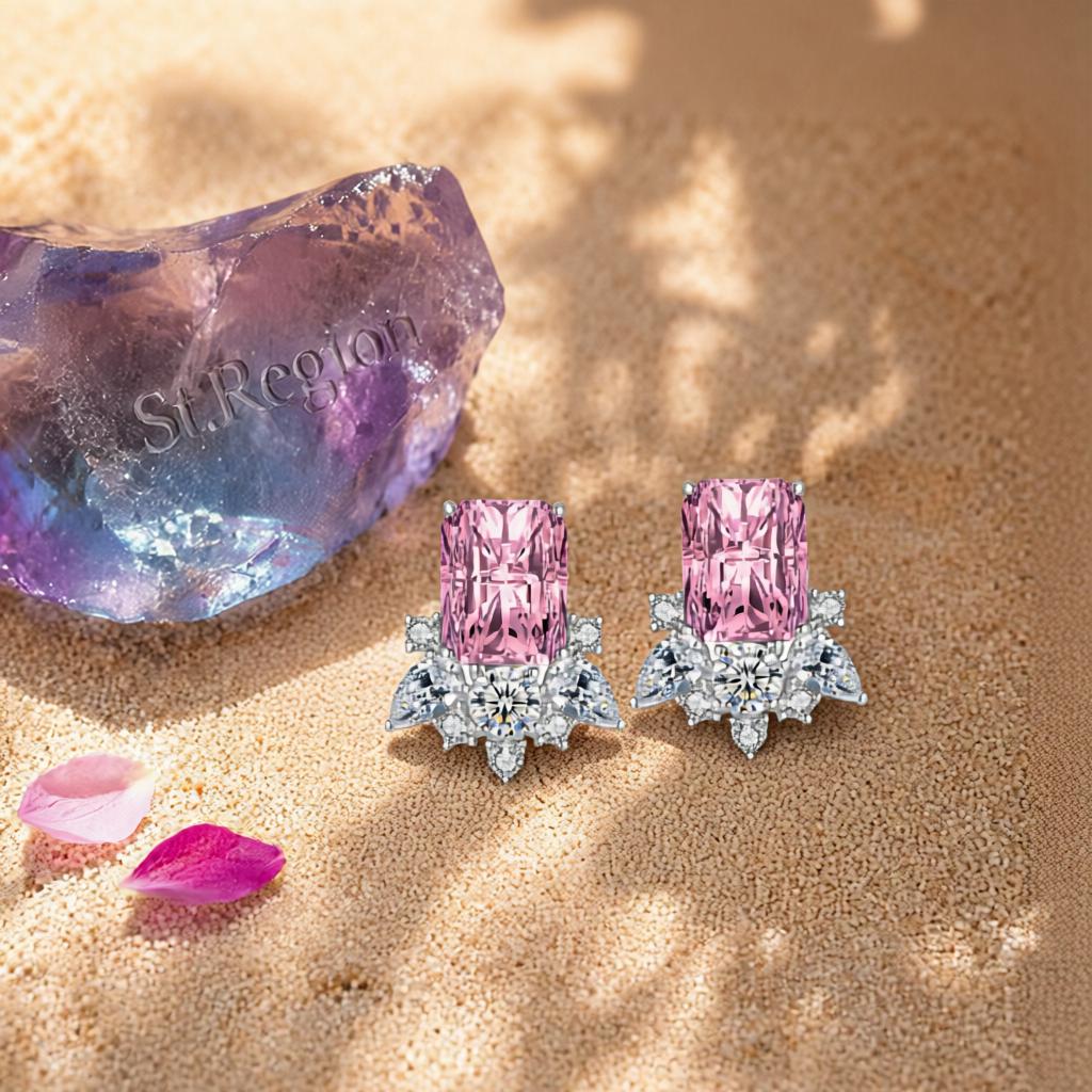 Pink Crystal and Cubic Zirconia Radiant Stud Earrings, cubic zirconia stud earrings for women, detail close-up