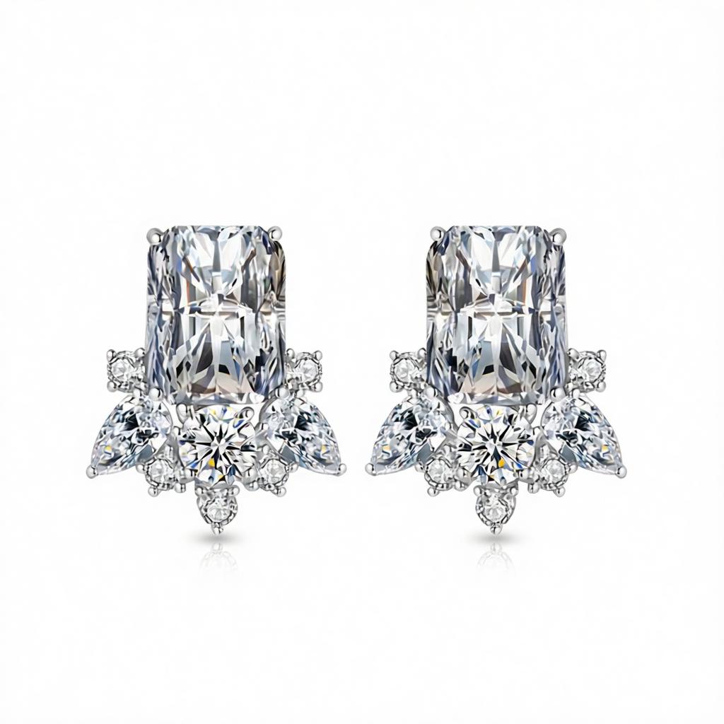 Clear Crystal and Cubic Zirconia Radiant Stud Earrings, cubic zirconia stud earrings for women, everyday style, side view