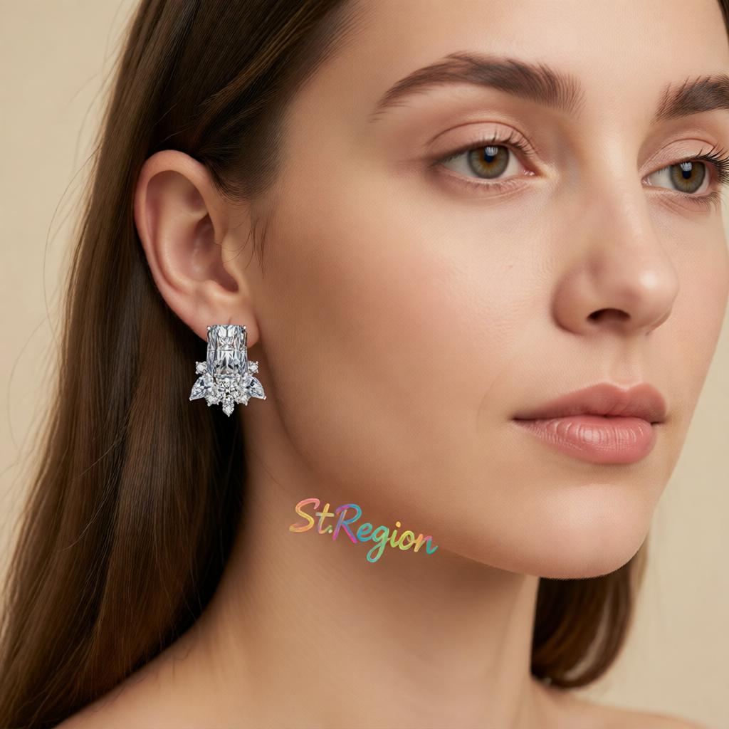 Clear Crystal and Cubic Zirconia Radiant Stud Earrings, cubic zirconia stud earrings for women, everyday style, styled look