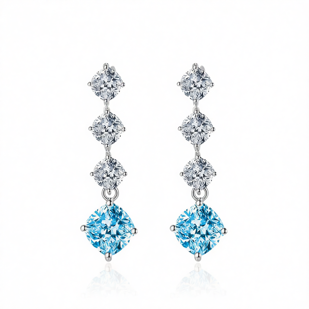 Blue Crystal & Silvertone Cushion-Cut Drop Earrings