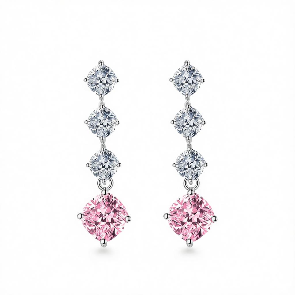 Pink Crystal and Silvertone Cushion-Cut Drop Earrings, silver drop earrings for women, dainty minimalist design, side view