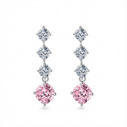 Pink Crystal and Silvertone Cushion-Cut Drop Earrings, silver drop earrings for women, dainty minimalist design, side view