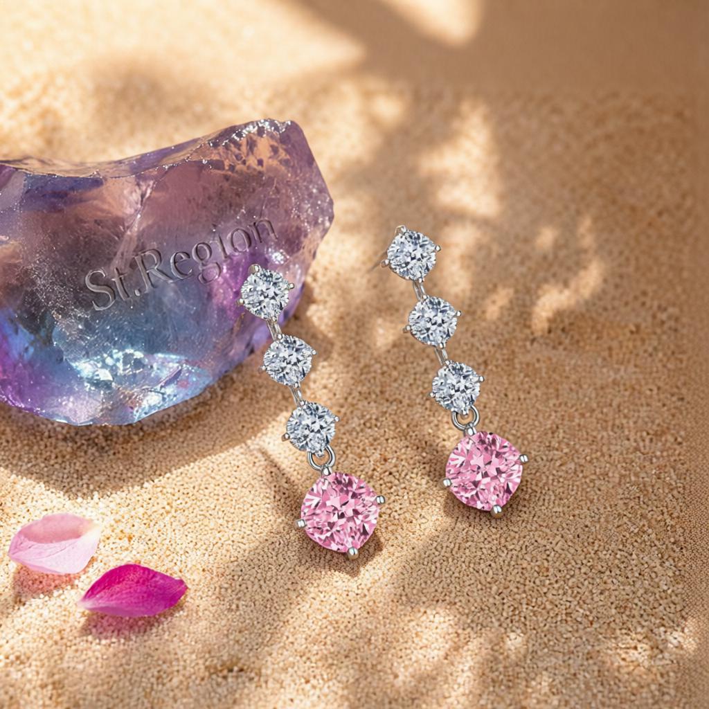 Pink Crystal and Silvertone Cushion-Cut Drop Earrings, silver drop earrings for women, detail close-up