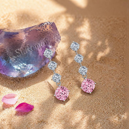 Pink Crystal and Silvertone Cushion-Cut Drop Earrings, silver drop earrings for women, detail close-up