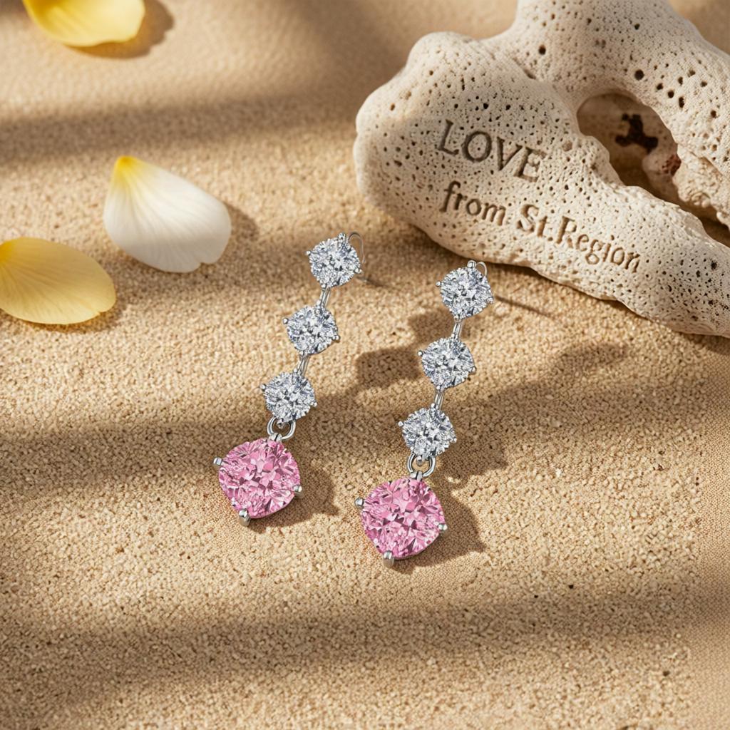 Pink Crystal and Silvertone Cushion-Cut Drop Earrings, silver drop earrings for women, lifestyle look