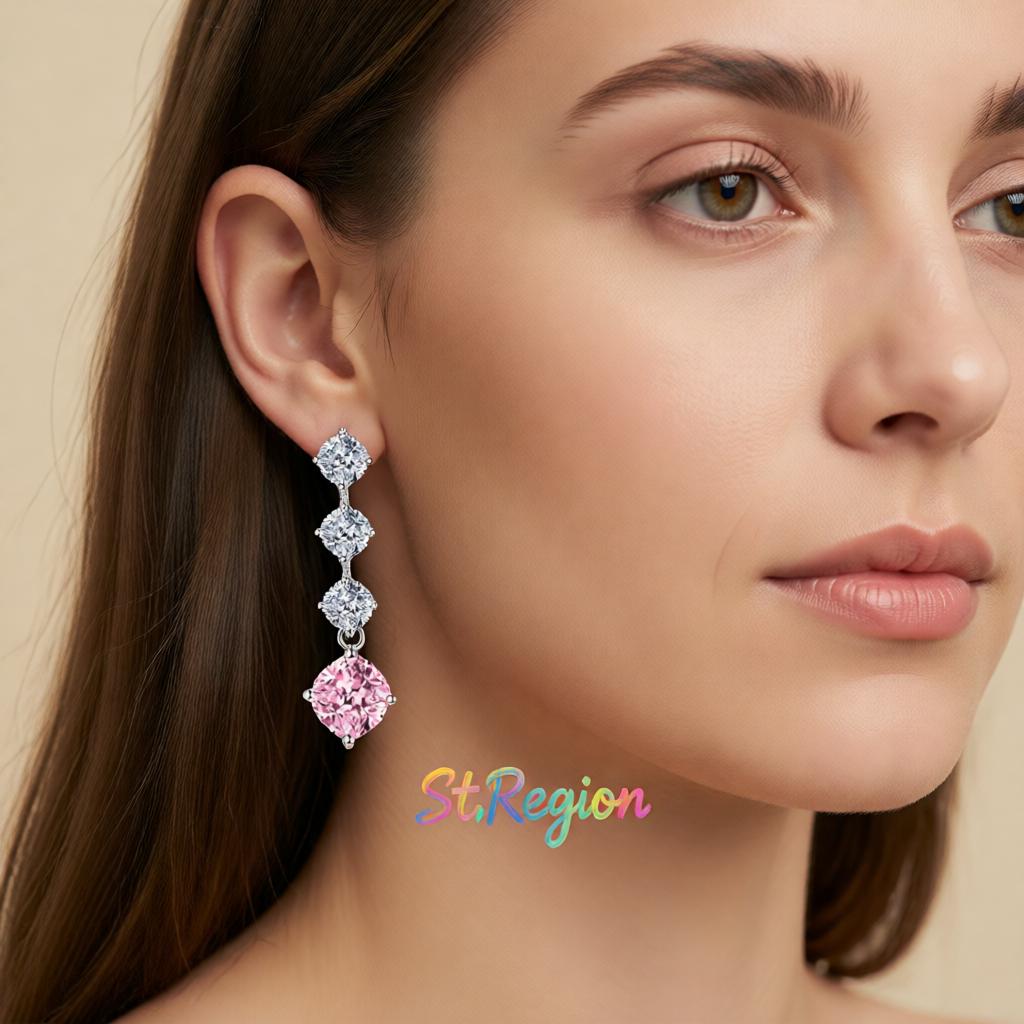 Pink Crystal and Silvertone Cushion-Cut Drop Earrings, silver drop earrings for women, dainty minimalist design, styled look