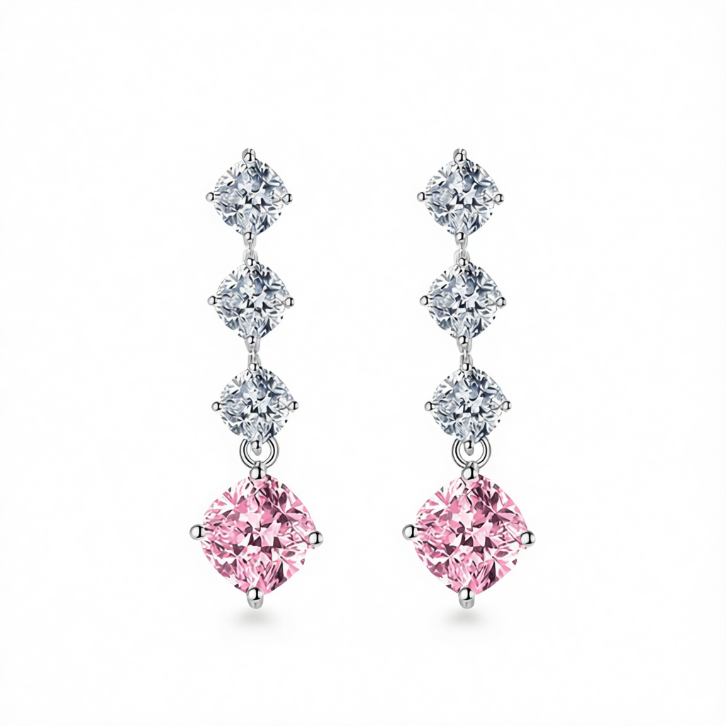 Pink Crystal & Silvertone Cushion-Cut Drop Earrings