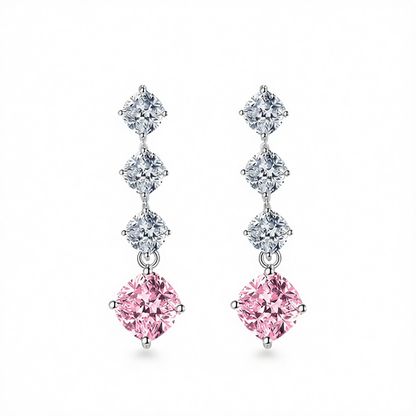 Pink Crystal & Silvertone Cushion-Cut Drop Earrings