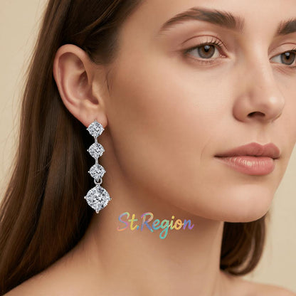 Clear Crystal and Silvertone Cushion-Cut Drop Earrings, silver drop earrings for women, everyday style, styled look