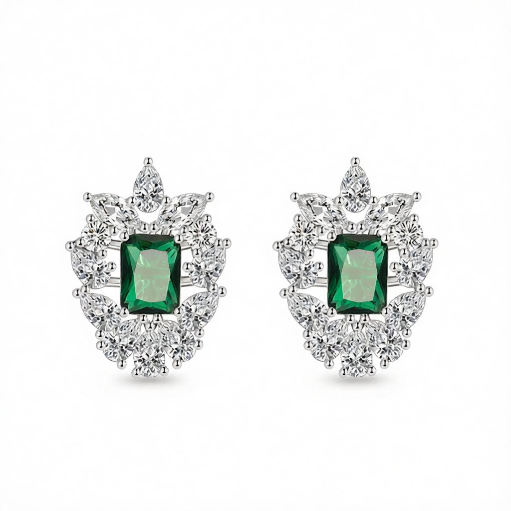 Green Crystal and Cubic Zirconia Cluster Stud Earrings, cubic zirconia stud earrings for women, botanical inspired, side view