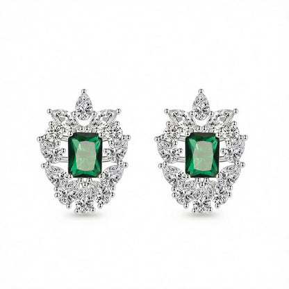 Green Crystal and Cubic Zirconia Cluster Stud Earrings, cubic zirconia stud earrings for women, botanical inspired, side view