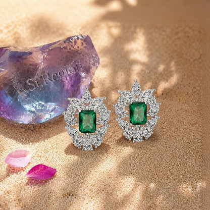 Green Crystal and Cubic Zirconia Cluster Stud Earrings, cubic zirconia stud earrings for women, detail close-up
