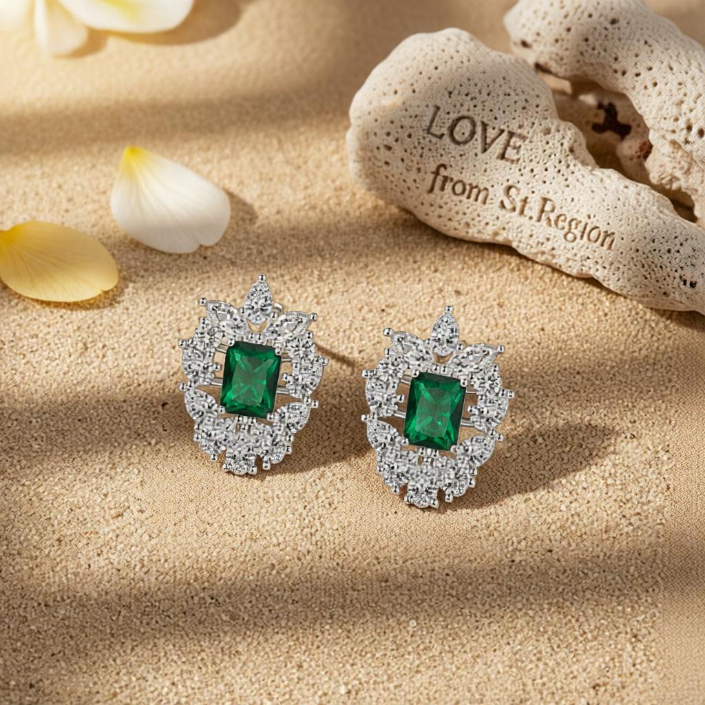 Green Crystal and Cubic Zirconia Cluster Stud Earrings, cubic zirconia stud earrings for women, lifestyle look