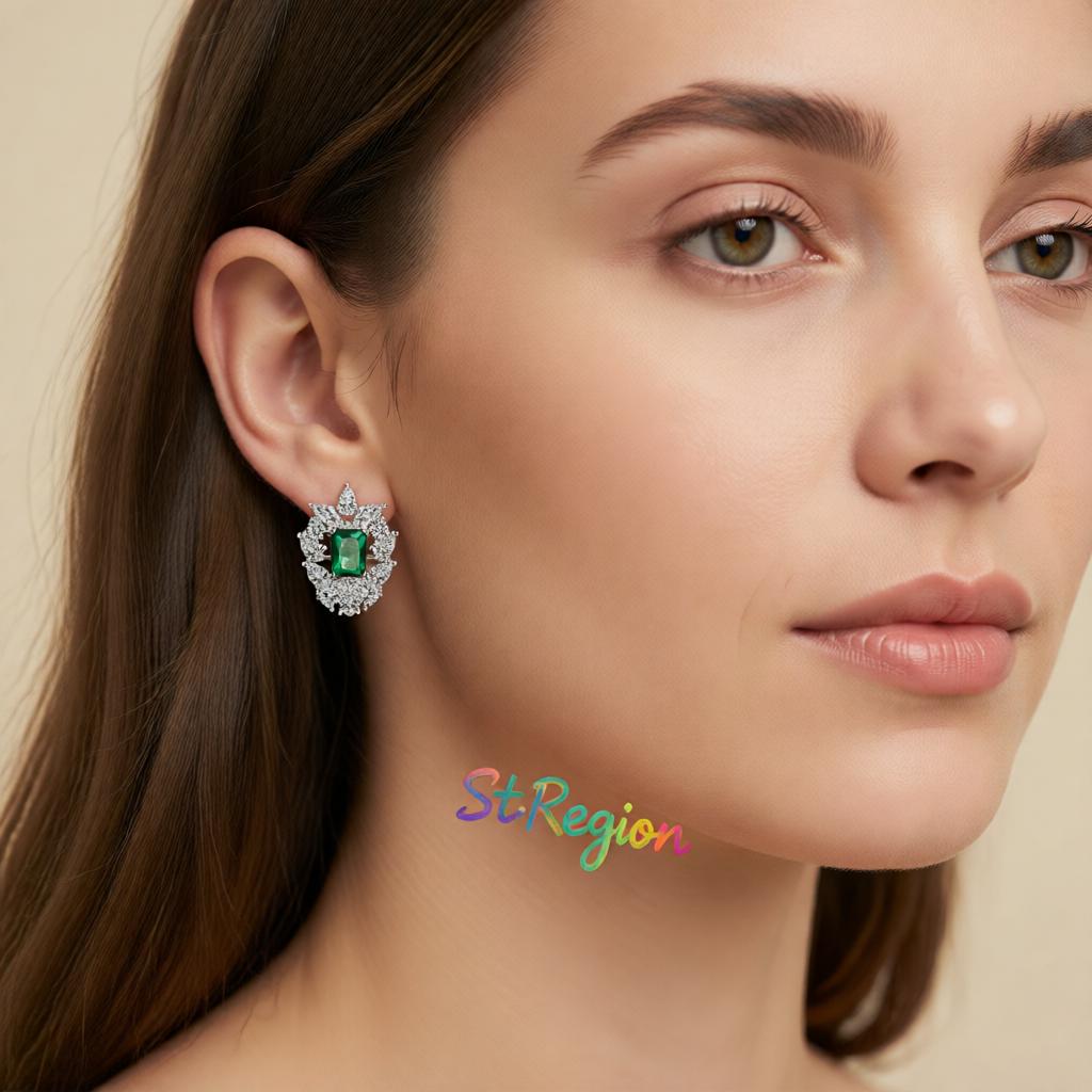 Green Crystal and Cubic Zirconia Cluster Stud Earrings, cubic zirconia stud earrings for women, styled look
