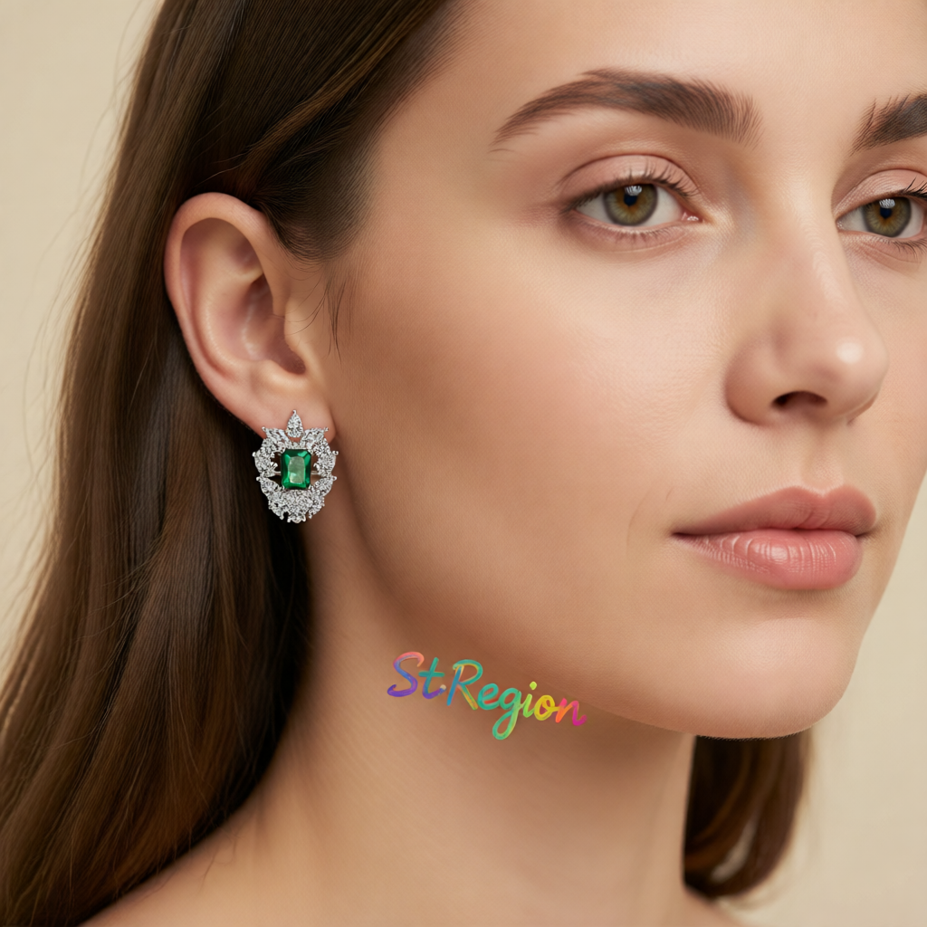 Green Crystal & Cubic Zirconia Cluster Stud Earrings