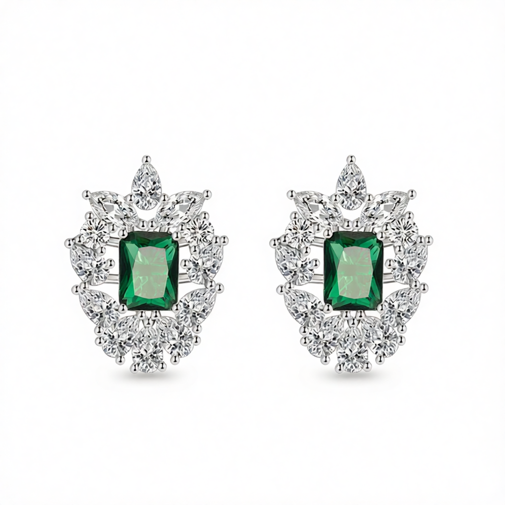 Green Crystal & Cubic Zirconia Cluster Stud Earrings