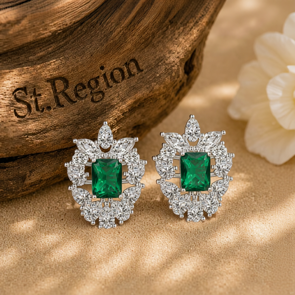 Green Crystal & Cubic Zirconia Cluster Stud Earrings