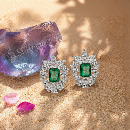 Green Crystal & Cubic Zirconia Cluster Stud Earrings