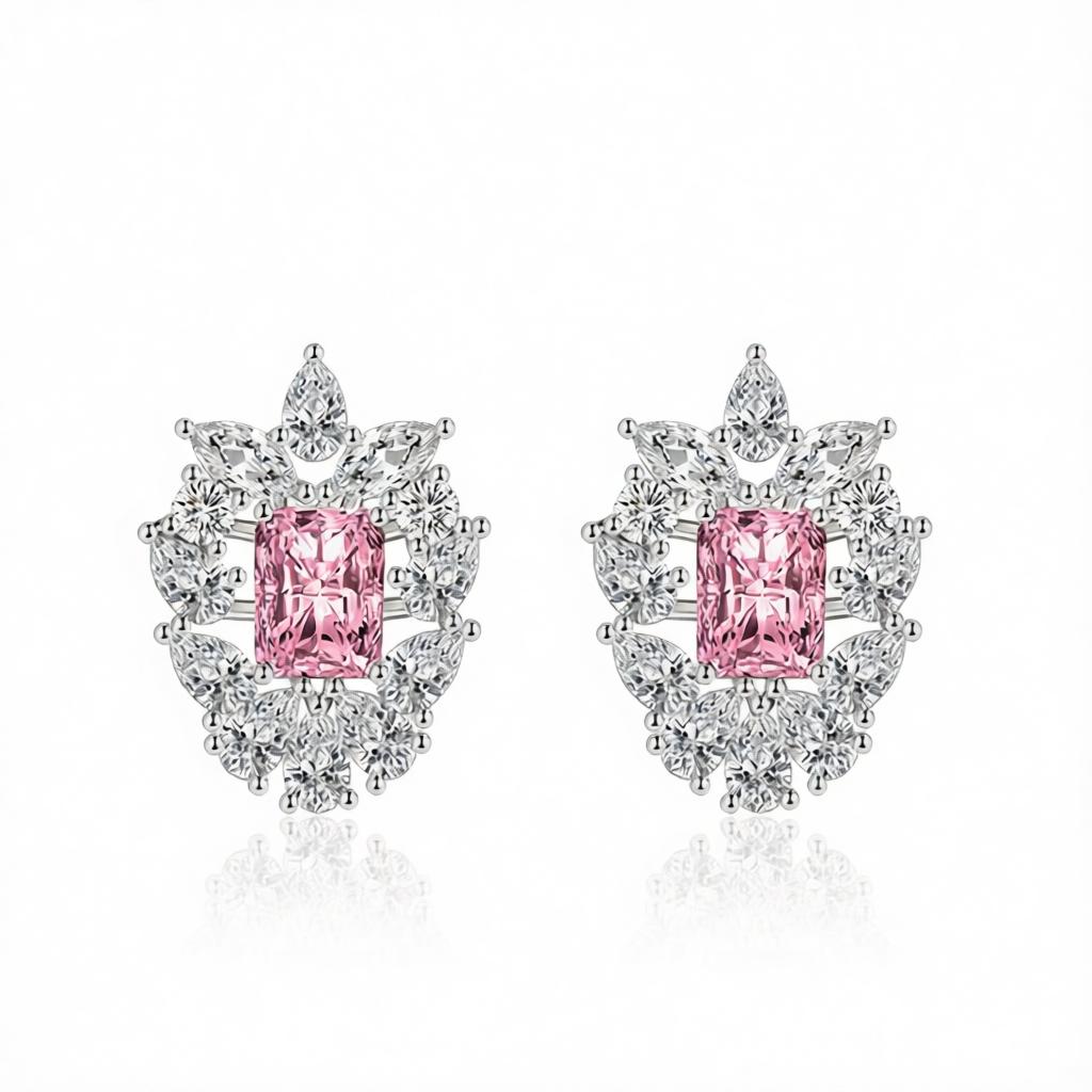 Pink Crystal and Cubic Zirconia Cluster Stud Earrings, cubic zirconia stud earrings for women, side view