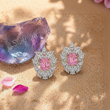 Pink Crystal and Cubic Zirconia Cluster Stud Earrings, cubic zirconia stud earrings for women, detail close-up