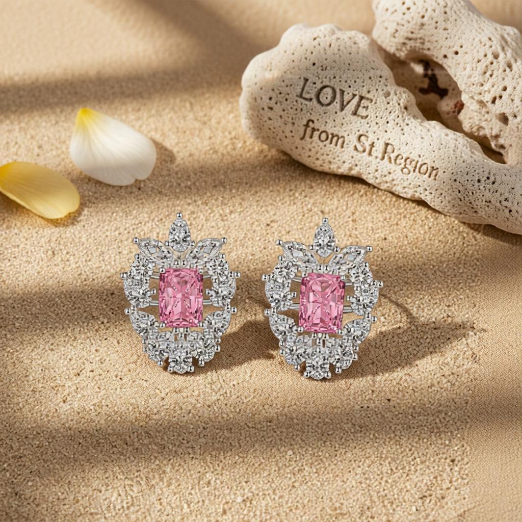 Pink Crystal and Cubic Zirconia Cluster Stud Earrings, cubic zirconia stud earrings for women, lifestyle look