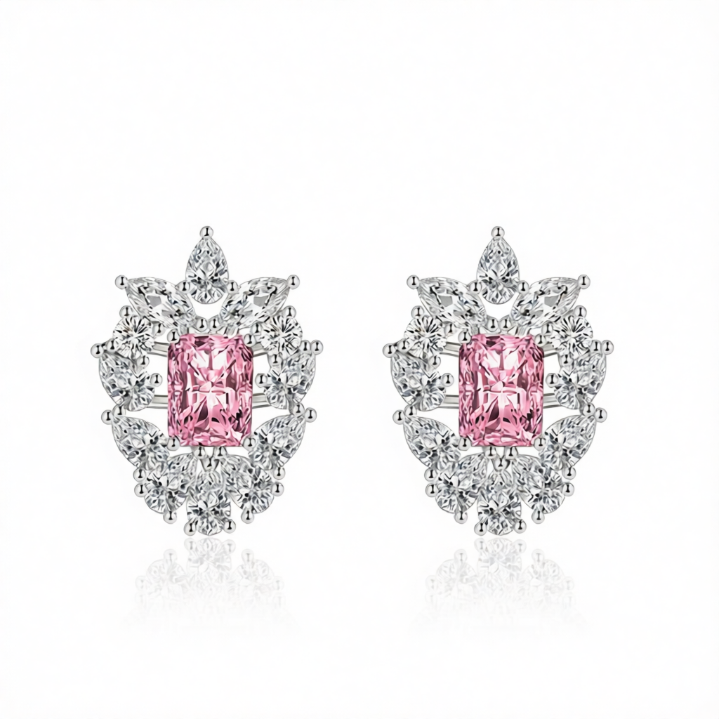 Pink Crystal & Cubic Zirconia Cluster Stud Earrings