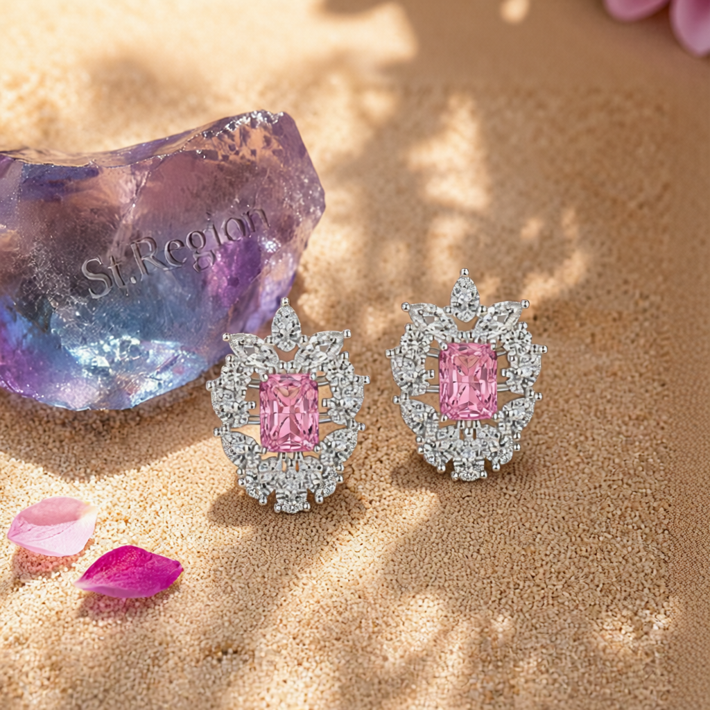 Pink Crystal & Cubic Zirconia Cluster Stud Earrings