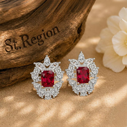 Red Crystal and Cubic Zirconia Cluster Stud Earrings, cubic zirconia stud earrings for women, front view